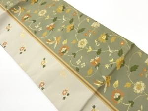 縞に花唐草・鳥模様織出し名古屋帯